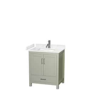 Sheffield 30 inch Single Bathroom Vanity in Light Green Carrara Cultured Marble Countertop Undermount Square Sink Brushed Nickel Trim