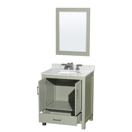 Sheffield 30 inch Single Bathroom Vanity in Light Green White Carrara Marble Countertop Undermount Oval Sink Brushed Nickel Trim 24 inch Mirror