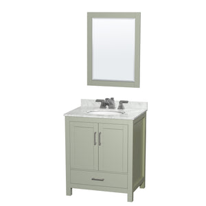 Sheffield 30 inch Single Bathroom Vanity in Light Green White Carrara Marble Countertop Undermount Oval Sink Brushed Nickel Trim 24 inch Mirror
