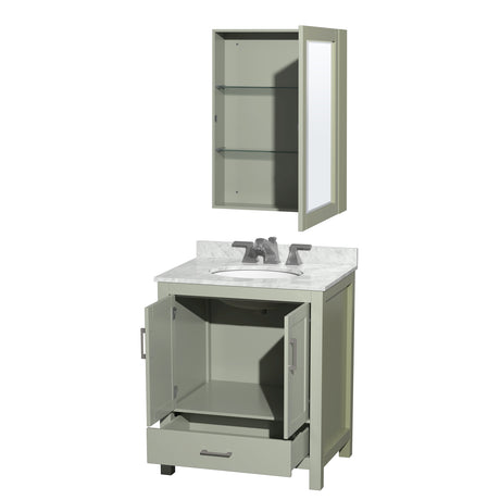 Sheffield 30 inch Single Bathroom Vanity in Light Green White Carrara Marble Countertop Undermount Oval Sink Brushed Nickel Trim Medicine Cabinet