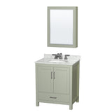 Sheffield 30 inch Single Bathroom Vanity in Light Green White Carrara Marble Countertop Undermount Oval Sink Brushed Nickel Trim Medicine Cabinet