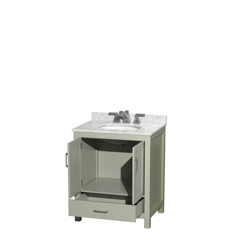 Sheffield 30 inch Single Bathroom Vanity in Light Green White Carrara Marble Countertop Undermount Oval Sink Brushed Nickel Trim