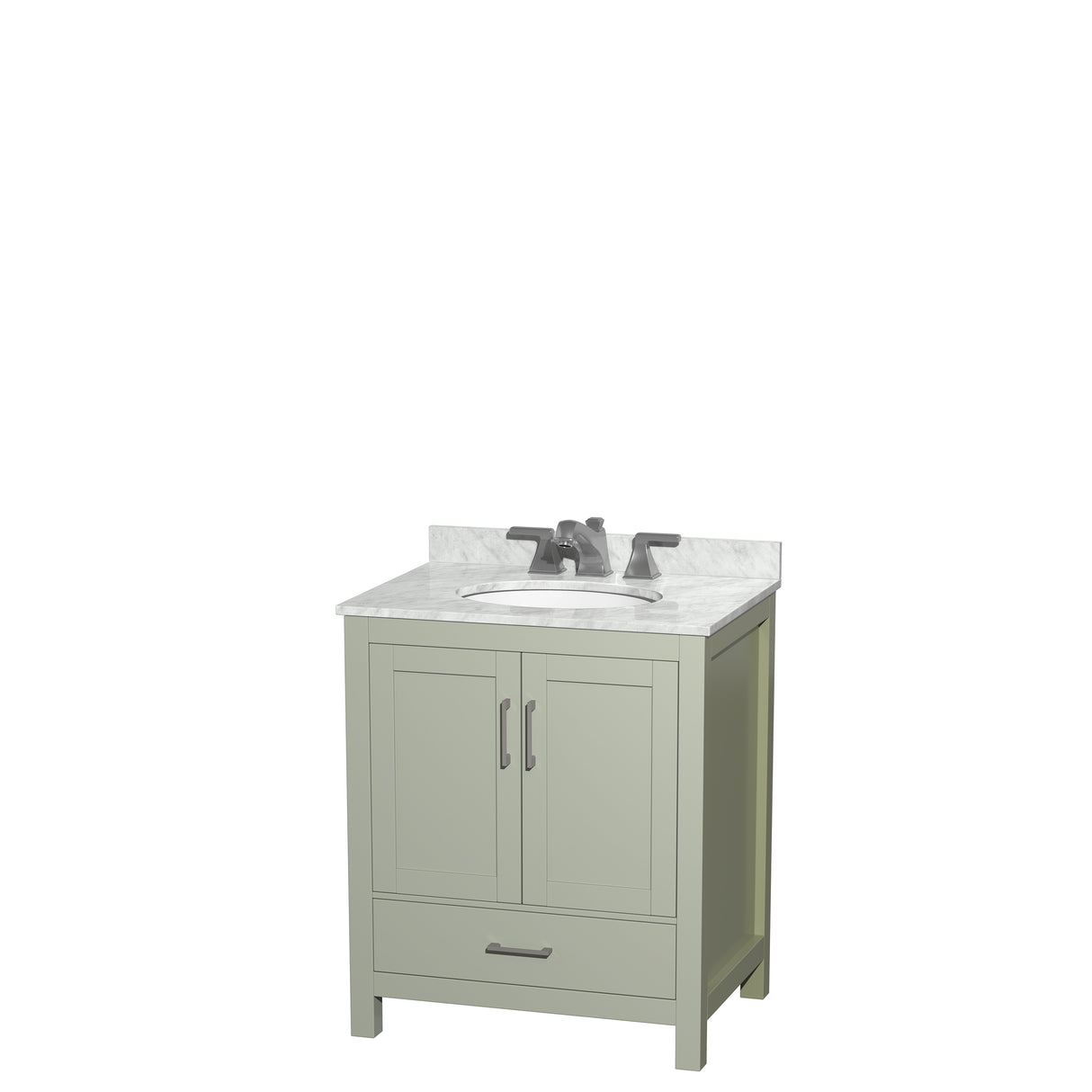 Sheffield 30 inch Single Bathroom Vanity in Light Green White Carrara Marble Countertop Undermount Oval Sink Brushed Nickel Trim
