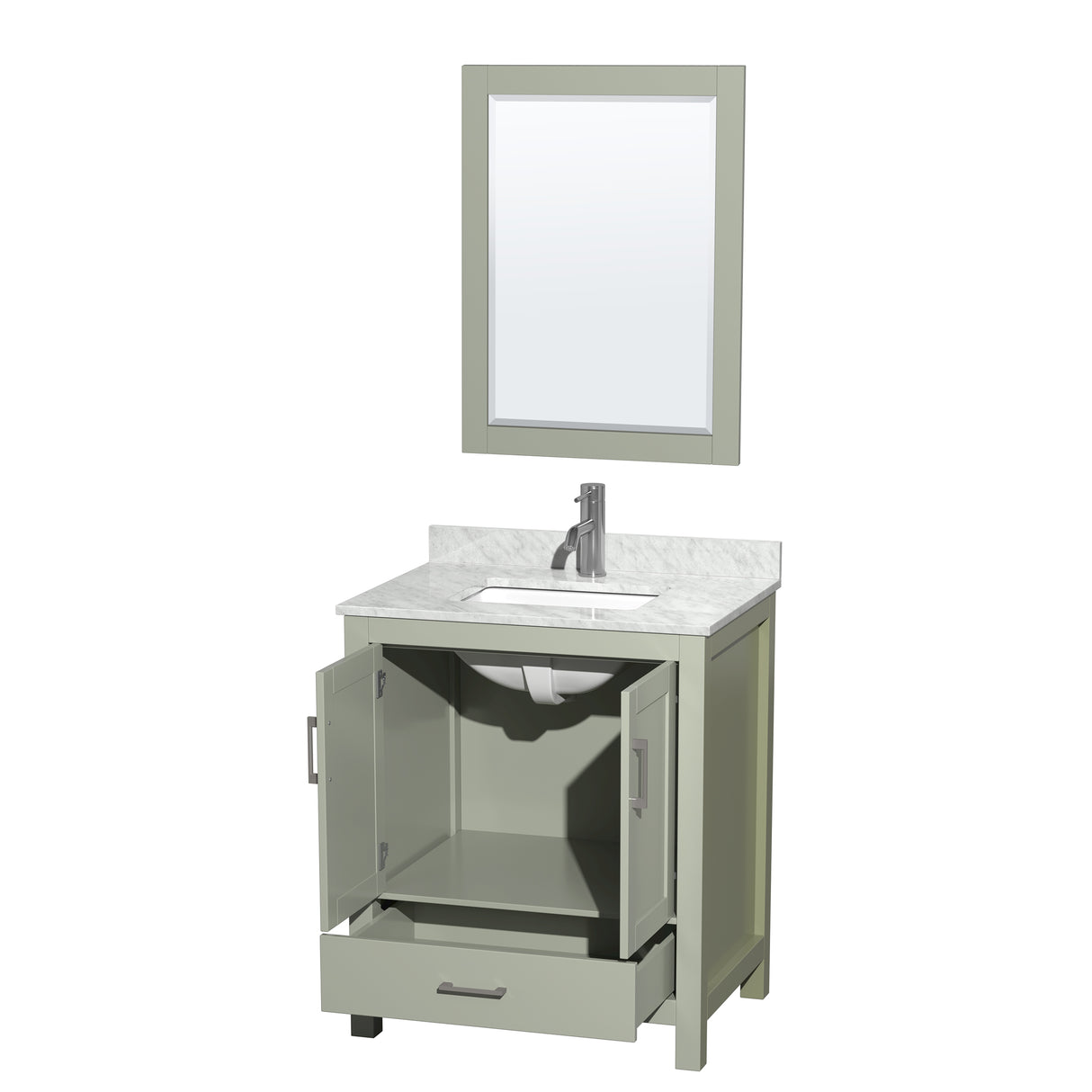 Sheffield 30 inch Single Bathroom Vanity in Light Green White Carrara Marble Countertop Undermount Square Sink Brushed Nickel Trim 24 inch Mirror