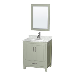 Sheffield 30 inch Single Bathroom Vanity in Light Green White Carrara Marble Countertop Undermount Square Sink Brushed Nickel Trim 24 inch Mirror