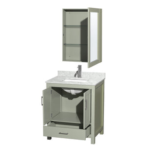 Sheffield 30 inch Single Bathroom Vanity in Light Green White Carrara Marble Countertop Undermount Square Sink Brushed Nickel Trim Medicine Cabinet