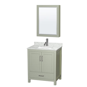 Sheffield 30 inch Single Bathroom Vanity in Light Green White Carrara Marble Countertop Undermount Square Sink Brushed Nickel Trim Medicine Cabinet