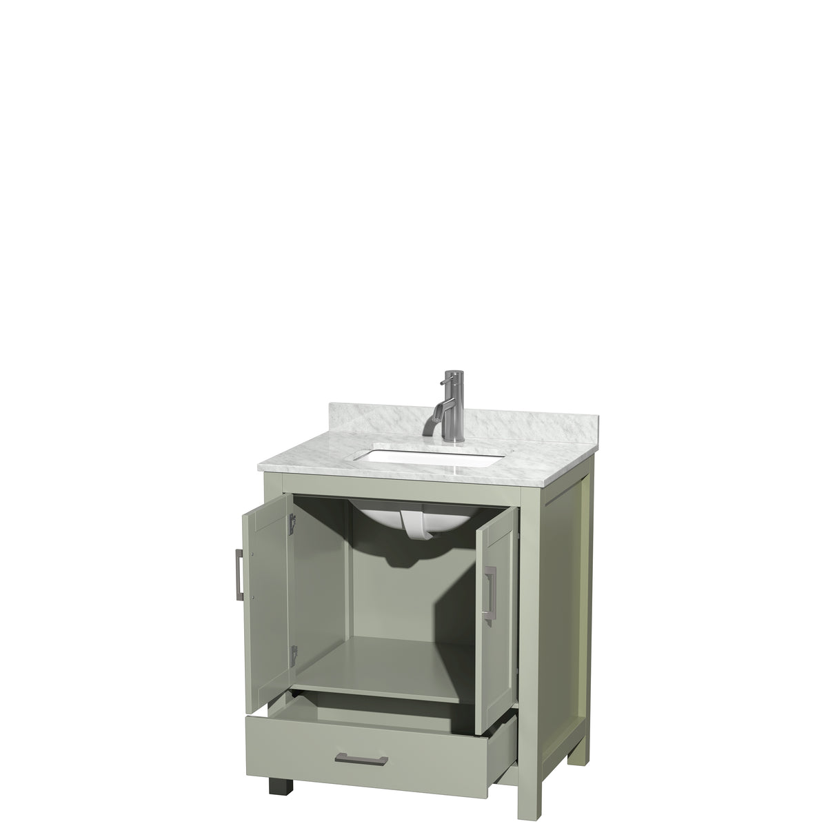 Sheffield 30 inch Single Bathroom Vanity in Light Green White Carrara Marble Countertop Undermount Square Sink Brushed Nickel Trim