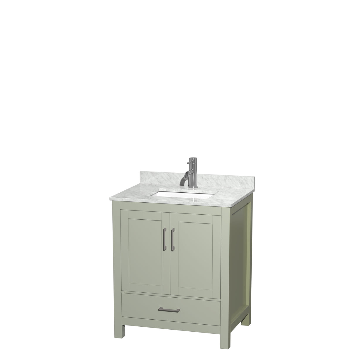 Sheffield 30 inch Single Bathroom Vanity in Light Green White Carrara Marble Countertop Undermount Square Sink Brushed Nickel Trim