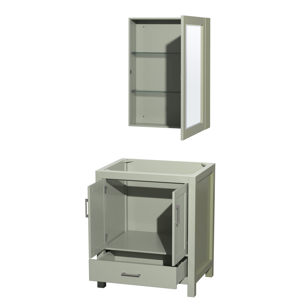 Sheffield 30 inch Single Bathroom Vanity in Light Green No Countertop No Sink Brushed Nickel Trim Medicine Cabinet