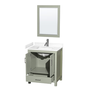 Sheffield 30 inch Single Bathroom Vanity in Light Green White Cultured Marble Countertop Undermount Square Sink Brushed Nickel Trim 24 inch Mirror