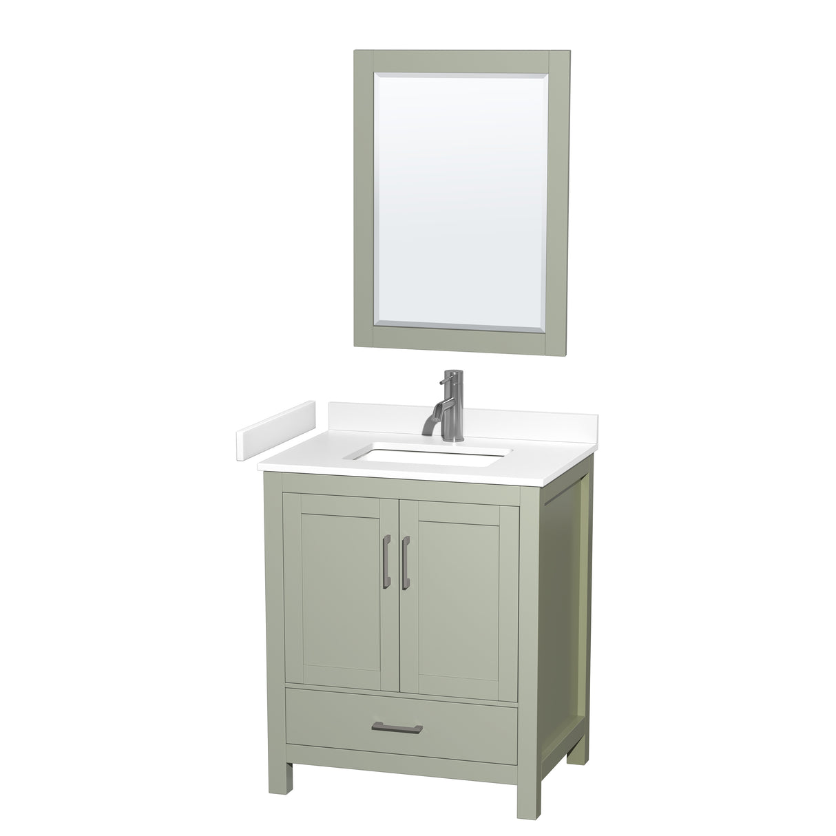 Sheffield 30 inch Single Bathroom Vanity in Light Green White Cultured Marble Countertop Undermount Square Sink Brushed Nickel Trim 24 inch Mirror