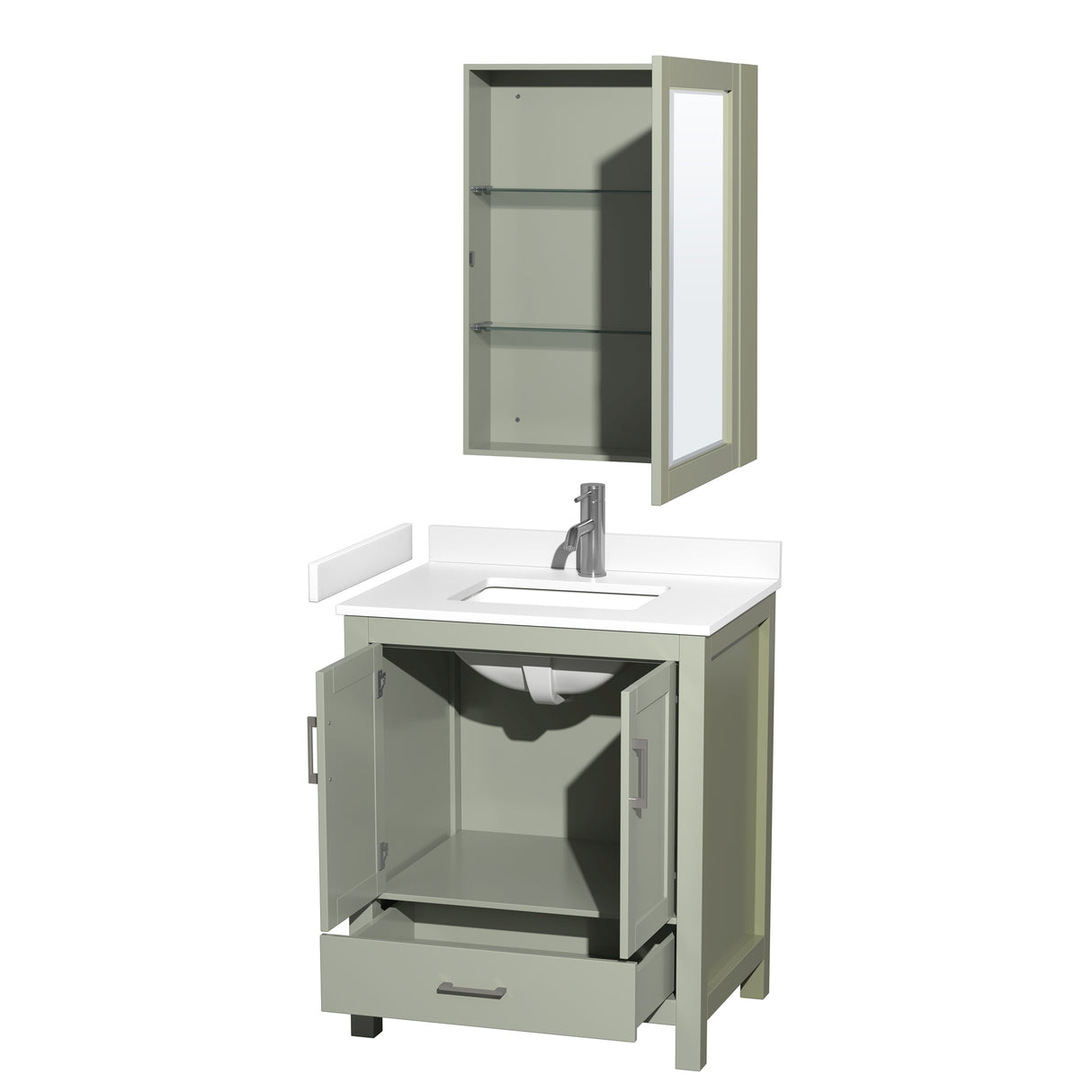 Sheffield 30 inch Single Bathroom Vanity in Light Green White Cultured Marble Countertop Undermount Square Sink Brushed Nickel Trim Medicine Cabinet