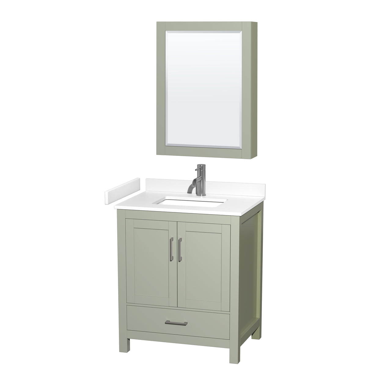 Sheffield 30 inch Single Bathroom Vanity in Light Green White Cultured Marble Countertop Undermount Square Sink Brushed Nickel Trim Medicine Cabinet