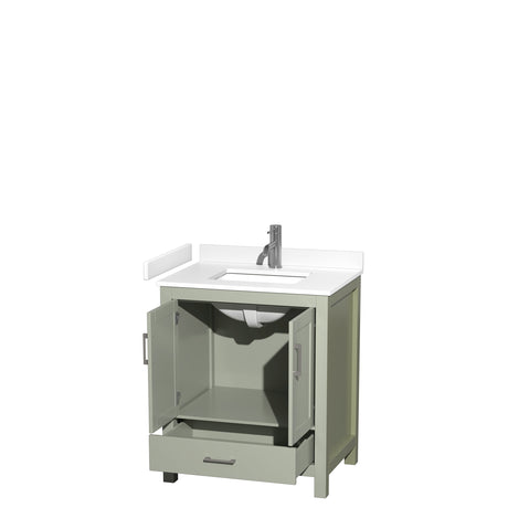 Sheffield 30 inch Single Bathroom Vanity in Light Green White Cultured Marble Countertop Undermount Square Sink Brushed Nickel Trim