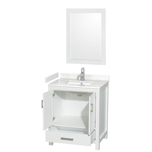 Sheffield 30 Inch Single Bathroom Vanity in White Carrara Cultured Marble Countertop Undermount Square Sink 24 Inch Mirror