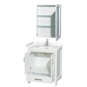 Sheffield 30 Inch Single Bathroom Vanity in White Carrara Cultured Marble Countertop Undermount Square Sink Medicine Cabinet