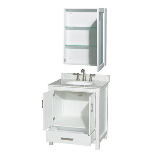 Sheffield 30 Inch Single Bathroom Vanity in White White Carrara Marble Countertop Undermount Oval Sink and Medicine Cabinet
