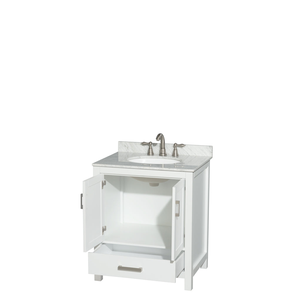 Sheffield 30 Inch Single Bathroom Vanity in White White Carrara Marble Countertop Undermount Oval Sink and No Mirror