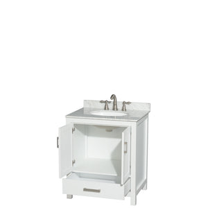 Sheffield 30 Inch Single Bathroom Vanity in White White Carrara Marble Countertop Undermount Oval Sink and No Mirror
