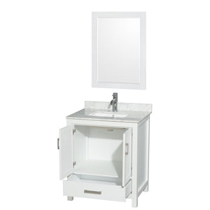 Sheffield 30 Inch Single Bathroom Vanity in White White Carrara Marble Countertop Undermount Square Sink and 24 Inch Mirror