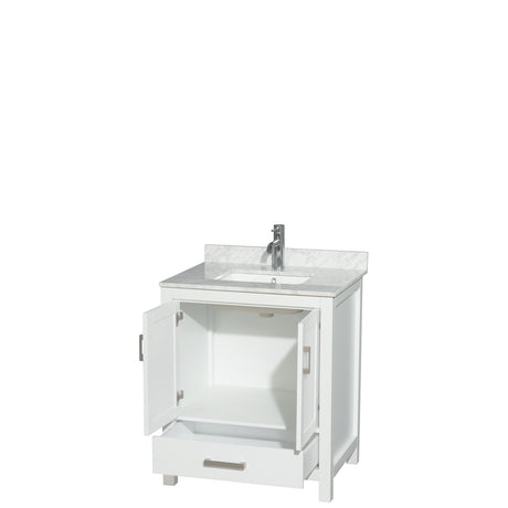 Sheffield 30 Inch Single Bathroom Vanity in White White Carrara Marble Countertop Undermount Square Sink and No Mirror