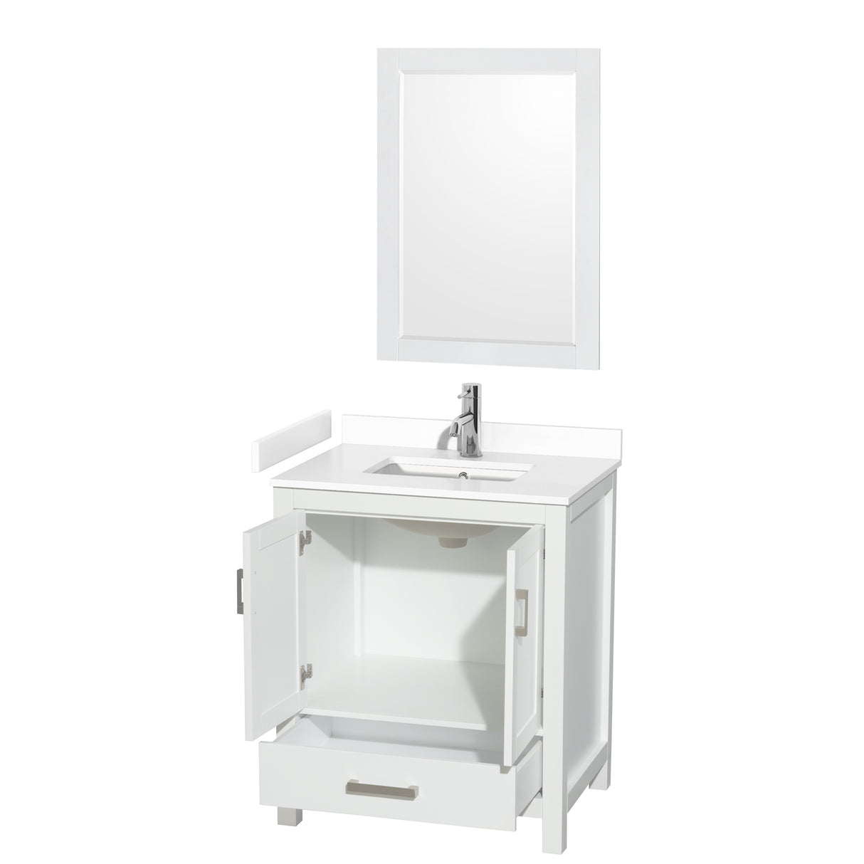 Sheffield 30 Inch Single Bathroom Vanity in White White Cultured Marble Countertop Undermount Square Sink 24 Inch Mirror