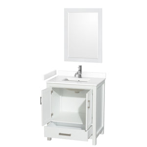 Sheffield 30 Inch Single Bathroom Vanity in White White Cultured Marble Countertop Undermount Square Sink 24 Inch Mirror
