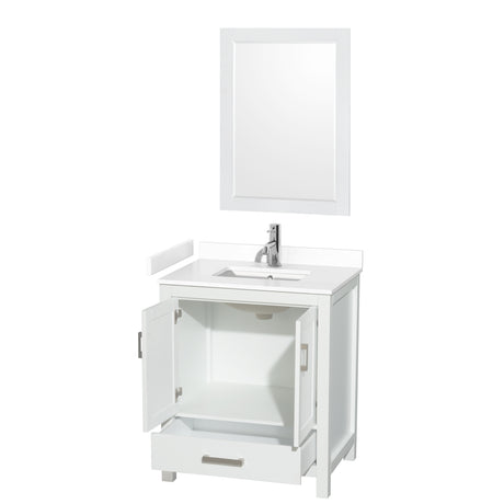 Sheffield 30 Inch Single Bathroom Vanity in White White Cultured Marble Countertop Undermount Square Sink 24 Inch Mirror
