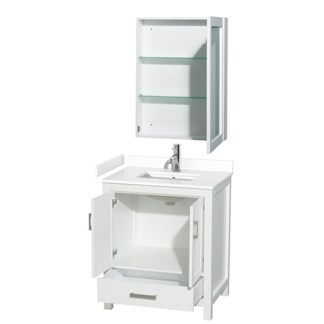 Sheffield 30 Inch Single Bathroom Vanity in White White Cultured Marble Countertop Undermount Square Sink Medicine Cabinet