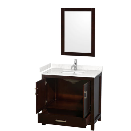 Sheffield 36 Inch Single Bathroom Vanity in Espresso Carrara Cultured Marble Countertop Undermount Square Sink 24 Inch Mirror