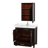 Sheffield 36 Inch Single Bathroom Vanity in Espresso Carrara Cultured Marble Countertop Undermount Square Sink Medicine Cabinet