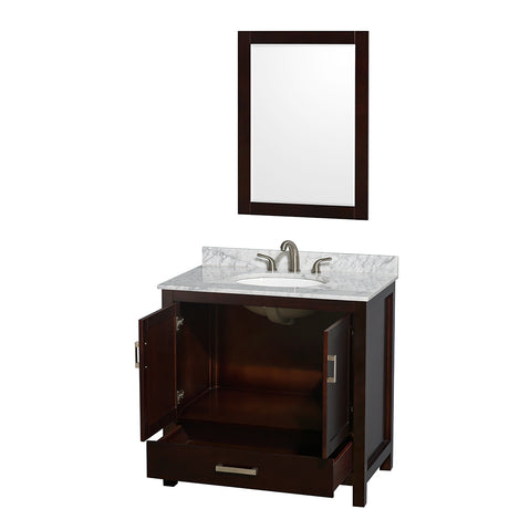 Sheffield 36 Inch Single Bathroom Vanity in Espresso White Carrara Marble Countertop Undermount Oval Sink and 24 Inch Mirror