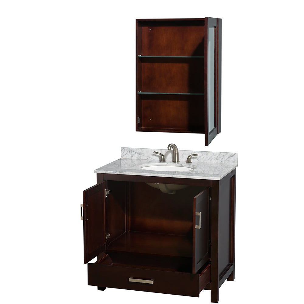 Sheffield 36 Inch Single Bathroom Vanity in Espresso White Carrara Marble Countertop Undermount Oval Sink and Medicine Cabinet