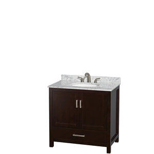 Sheffield 36 Inch Single Bathroom Vanity in Espresso White Carrara Marble Countertop Undermount Oval Sink and 24 Inch Mirror