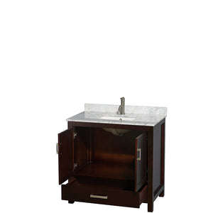 Sheffield 36 Inch Single Bathroom Vanity in Espresso White Carrara Marble Countertop Undermount Square Sink and No Mirror