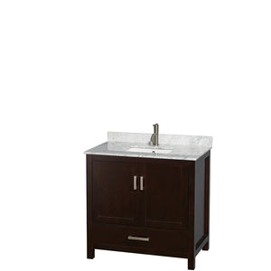 Sheffield 36 Inch Single Bathroom Vanity in Espresso White Carrara Marble Countertop Undermount Square Sink and 24 Inch Mirror