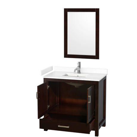 Sheffield 36 Inch Single Bathroom Vanity in Espresso White Cultured Marble Countertop Undermount Square Sink 24 Inch Mirror