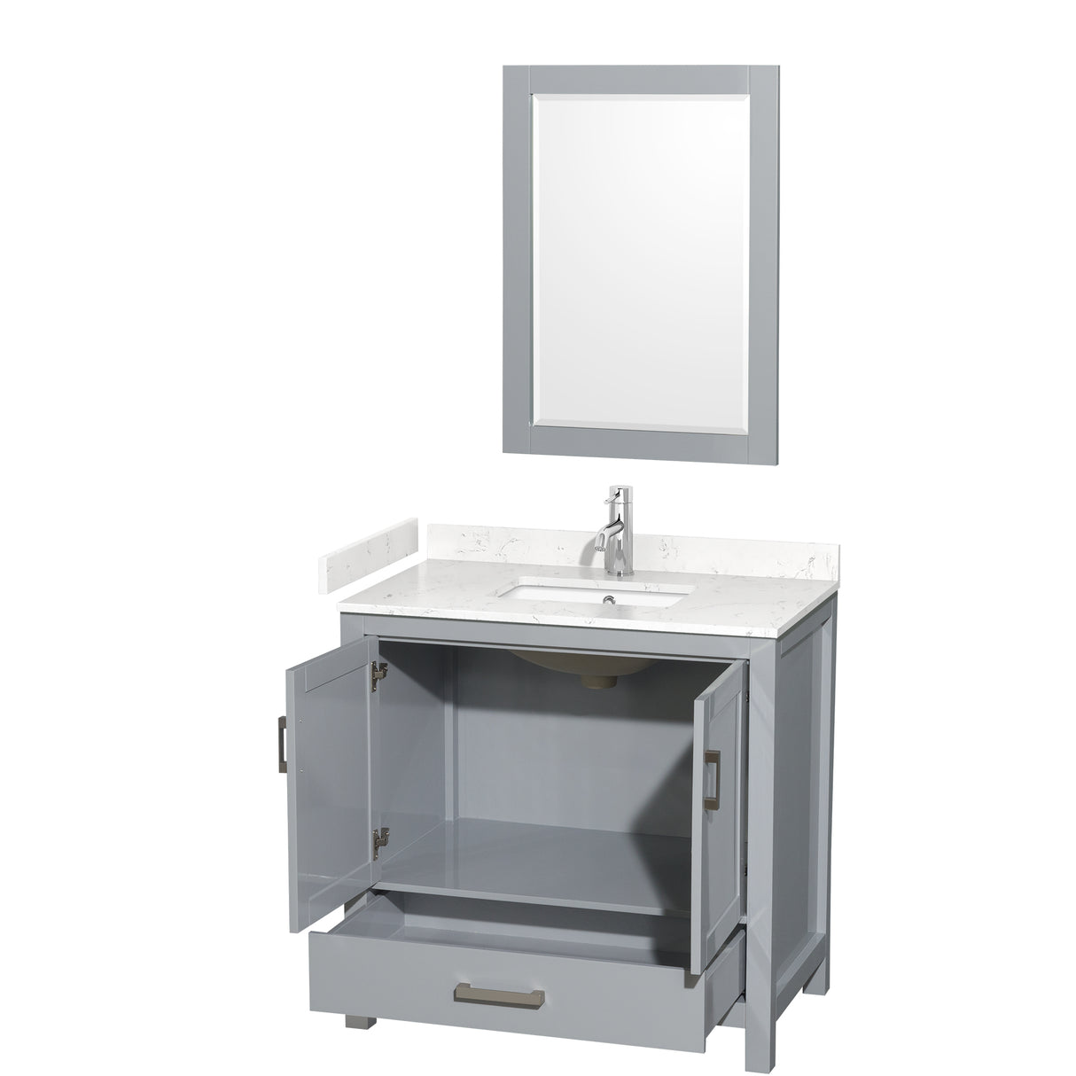 Sheffield 36 Inch Single Bathroom Vanity in Gray Carrara Cultured Marble Countertop Undermount Square Sink 24 Inch Mirror