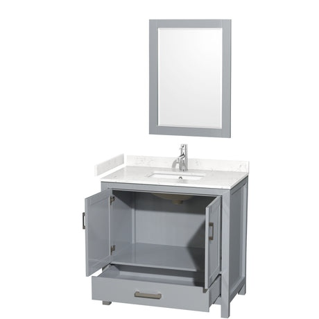 Sheffield 36 Inch Single Bathroom Vanity in Gray Carrara Cultured Marble Countertop Undermount Square Sink 24 Inch Mirror