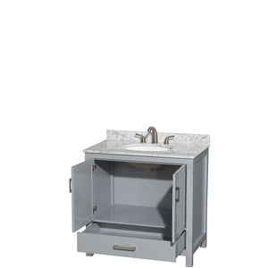 Sheffield 36 Inch Single Bathroom Vanity in Gray White Carrara Marble Countertop Undermount Oval Sink and No Mirror