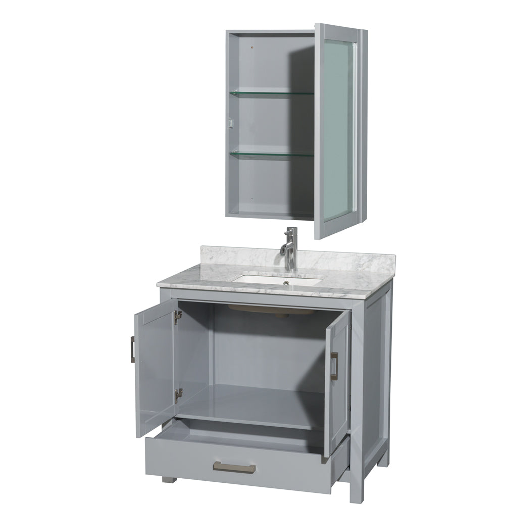 Sheffield 36 Inch Single Bathroom Vanity in Gray White Carrara Marble Countertop Undermount Square Sink and Medicine Cabinet