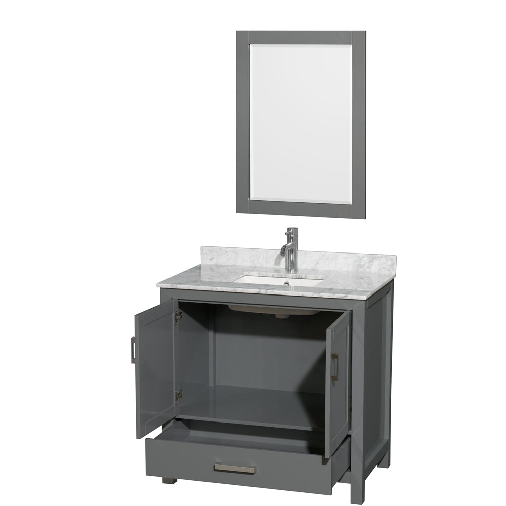 Sheffield 36 Inch Single Bathroom Vanity in Dark Gray White Carrara Marble Countertop Undermount Square Sink and 24 Inch Mirror