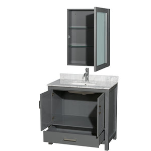 Sheffield 36 Inch Single Bathroom Vanity in Dark Gray White Carrara Marble Countertop Undermount Square Sink and Medicine Cabinet