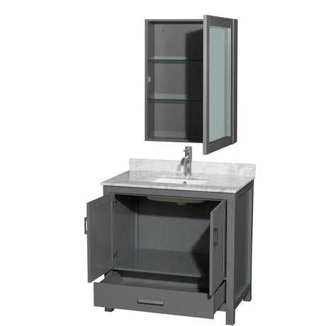 Sheffield 36 Inch Single Bathroom Vanity in Dark Gray White Carrara Marble Countertop Undermount Square Sink and Medicine Cabinet