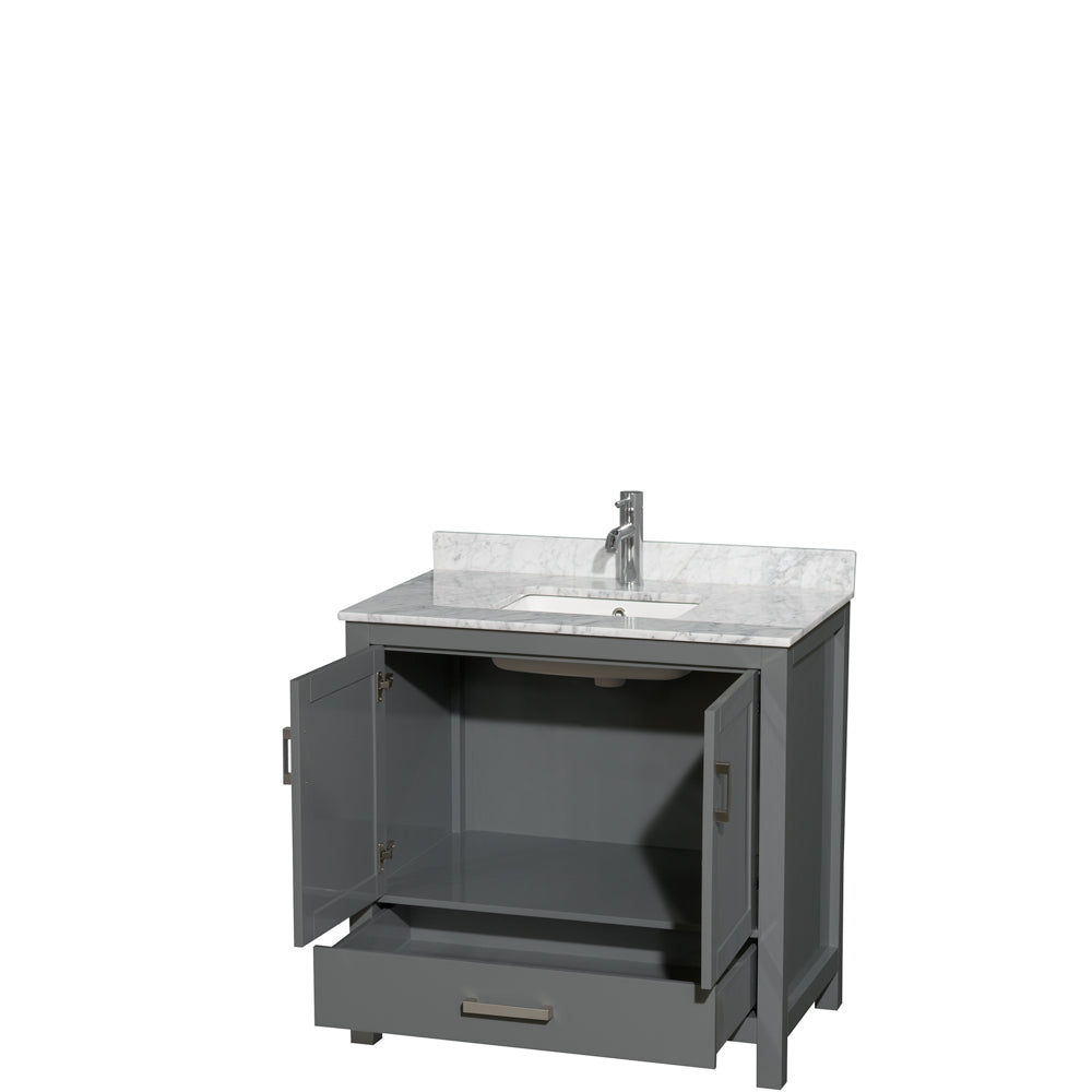Sheffield 36 Inch Single Bathroom Vanity in Dark Gray White Carrara Marble Countertop Undermount Square Sink and No Mirror