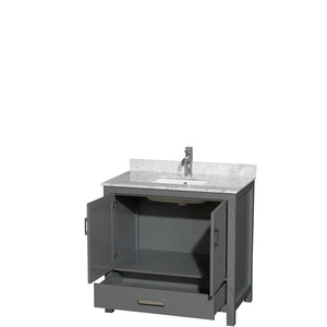 Sheffield 36 Inch Single Bathroom Vanity in Dark Gray White Carrara Marble Countertop Undermount Square Sink and No Mirror