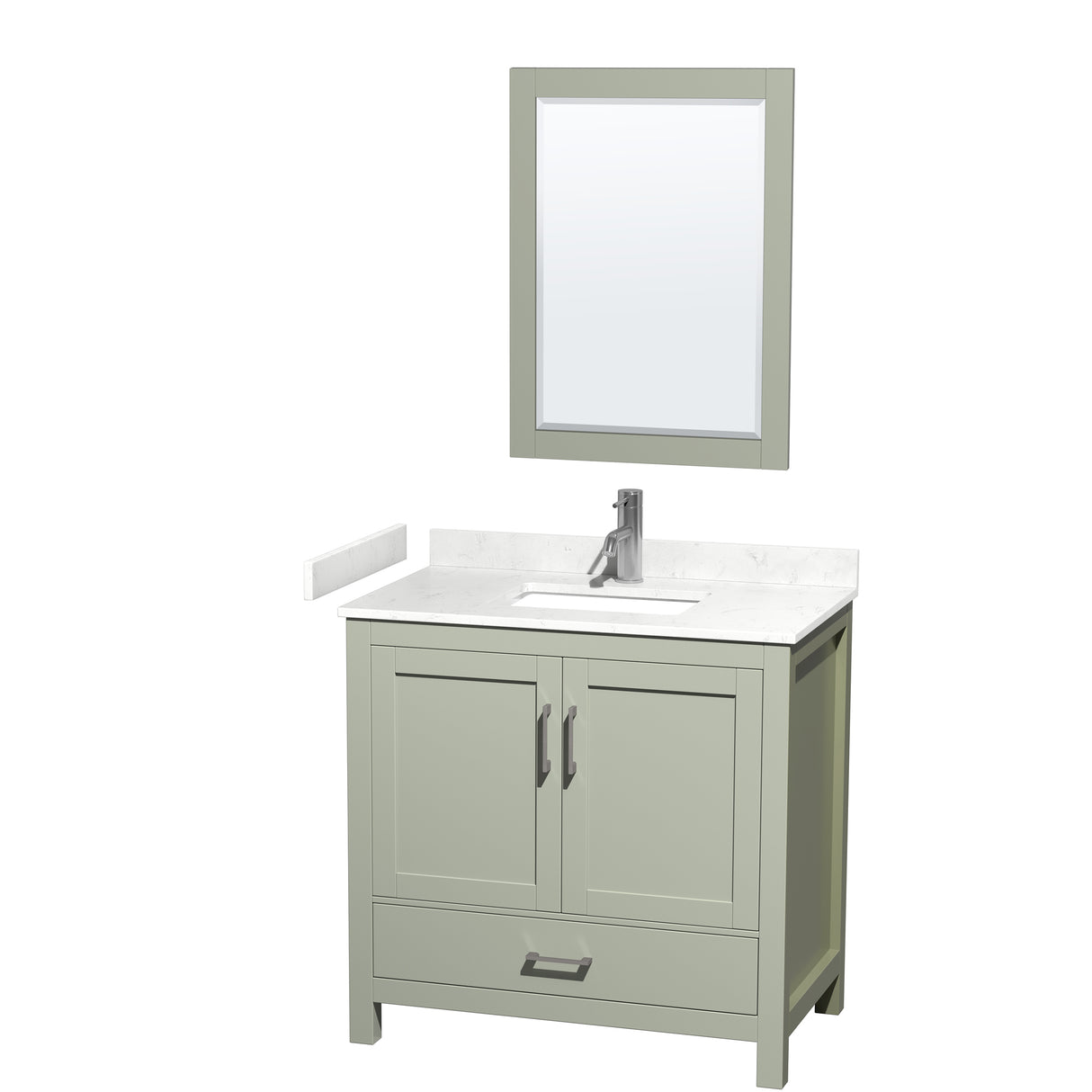 Sheffield 36 inch Single Bathroom Vanity in Light Green Carrara Cultured Marble Countertop Undermount Square Sink Brushed Nickel Trim 24 inch Mirror