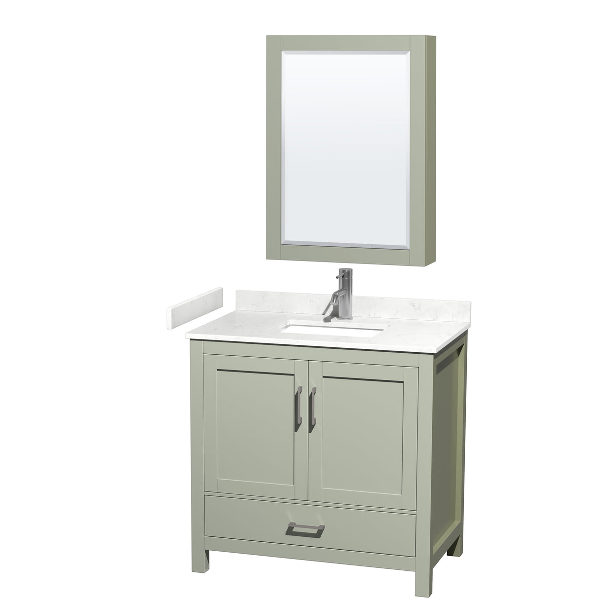 Sheffield 36 inch Single Bathroom Vanity in Light Green Carrara Cultured Marble Countertop Undermount Square Sink Brushed Nickel Trim Medicine Cabinet