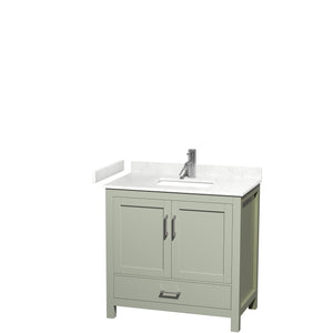 Sheffield 36 inch Single Bathroom Vanity in Light Green Carrara Cultured Marble Countertop Undermount Square Sink Brushed Nickel Trim